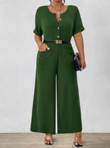 SHEIN Unity Plus Size Solid Color Crew Neck Romper With Pockets, Short Sleeve - Green - View 4