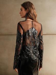 Embroidered Sequin Lace Top - Black - View 2