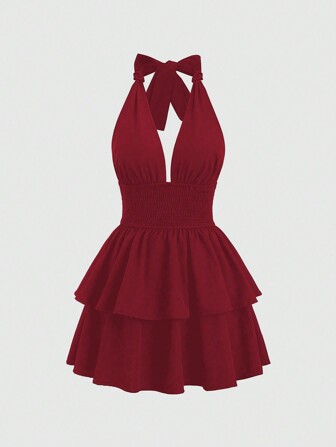 Sweetra Tie-Neck Simple Shirred A-Line Dress, Casual Daily Wear Y2K Outfit Christmas Holiday Party Dress  Burgundy Color Women Outfit