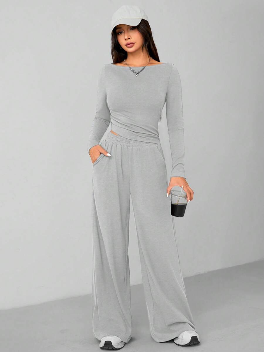 SHEIN PETITE 秋冬女针织修身上衣+阔腿裤休闲舒适家居深灰色两件套 - 淺灰色 - 查看 1