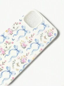 ROMWE Kawaii 1 pieza Elegante funda de teléfono celular iPhone de color blanco con patrón floral de lazos azules