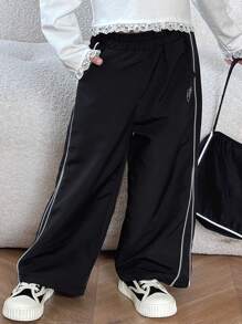 Dazy Kids 年轻女孩侧条纹印花休闲裤带口袋 - 黑色 - 查看 4