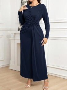 SHEIN Clasi Plus Size Solid Color Button Front Round Neck Casual Long Dress - Navy Blue - View 5
