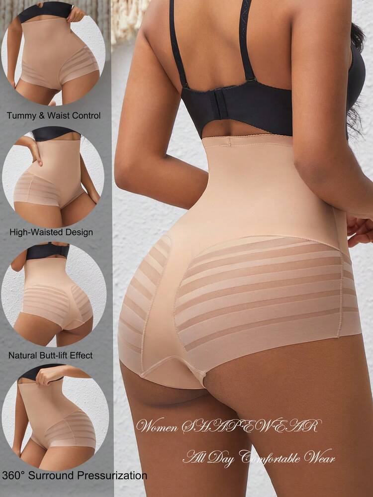 High-Waisted Comfortable Mesh Insert Tummy Control Slim Fit Pants - Apricot - View 4
