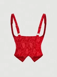 SHEIN MOD Plus Size Women Red Jacquard Vintage Style Sleeveless Slim Fit Shirt - Red - View 2