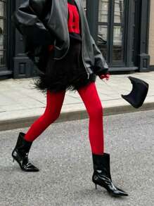 SHEIN Essnce Leggings rojos de otoño e invierno con estilo caliente de moda de mujer 2024, leggings rojos de mujer a juego, artículos a la moda