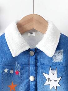 SHEIN Young Girl Fashion Personalized Thermal Lined Warm Thicken Coat Cute Unicorn Pattern Lapel Jacket - Blue - View 4