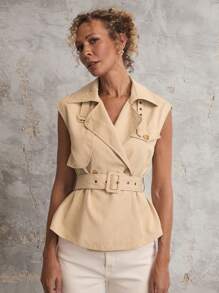 SHEIN Unity Women's Solid Color Double-Breasted Belted Sleeveless Blouse - Khaki - View 4