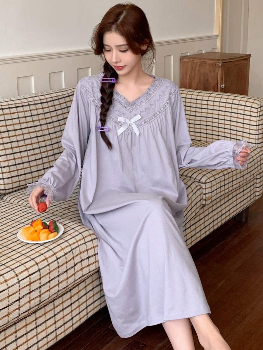 DAZY Lace Trim Ruched Design Sweet Nightgown - Dusty Purple - View 1