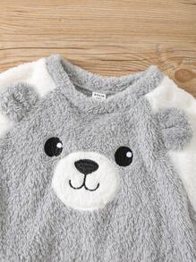 SHEIN Bộ đồ ngủ 2 món cho bé trai dễ thương cổ tròn tay dài thêu họa tiết hoạt hình màu tương phản, chất liệu nỉ mềm mại, dành cho mùa thu đông - Nhiều màu - Xem 2