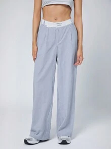 SHEIN EZwear Quần ống rộng túi kẻ sọc dệt màu xanh dành cho nữ - Màu xanh lam - Xem 3