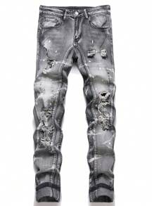 Manfinity LEGND Men's Casual Street Ripped Jeans, Men Distressed Jeans, Ripped Jeans Men, Men Paint Splatter Jeans - Light Grey - View 1