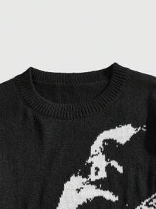 ROMWE MEN Grunge Punk 男士肖像图案做旧圆领套头毛衣，适合秋冬穿着