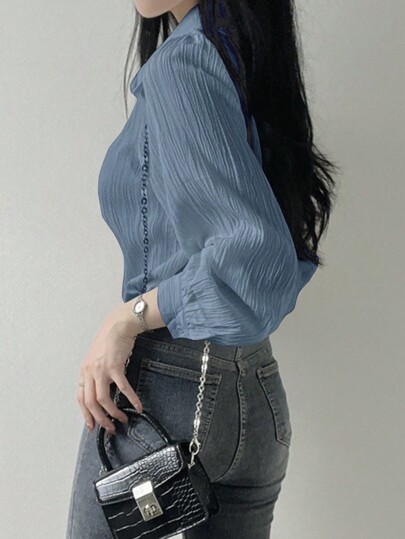 DAZY 女式纯色褶皱领宽松衬衫，蓝色，春夏秋装，秋季女装长袖上衣