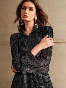 Anewsta Velvet Floral Embroidered Elegant Long Sleeve Shirt - Black - View 4