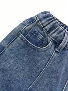 酷男孩时尚破洞时尚街头复古阔腿牛仔裤，休闲日常百搭宽松休闲洗水牛仔裤男童 - 中等水洗藍 - 查看 6