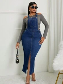 SHEIN SXY Plus Size Sexy Elastic Denim Slit Strap Dress