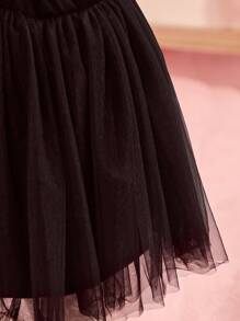 SHEIN 女婴天鹅绒长袖网眼连衣裙，带蝴蝶结，公主风格，秋冬