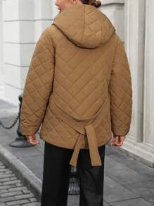 Chiquease Áo khoác đệm chần bông màu trơn cài nút phía trước, trang phục thu đông - màu nâu - Xem 2