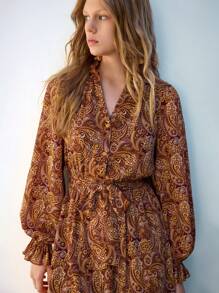 Maija Women's Autumn Long Sleeve V-Neck Floral Print Lantern Sleeve Midi Dress - Multicolor - View 5