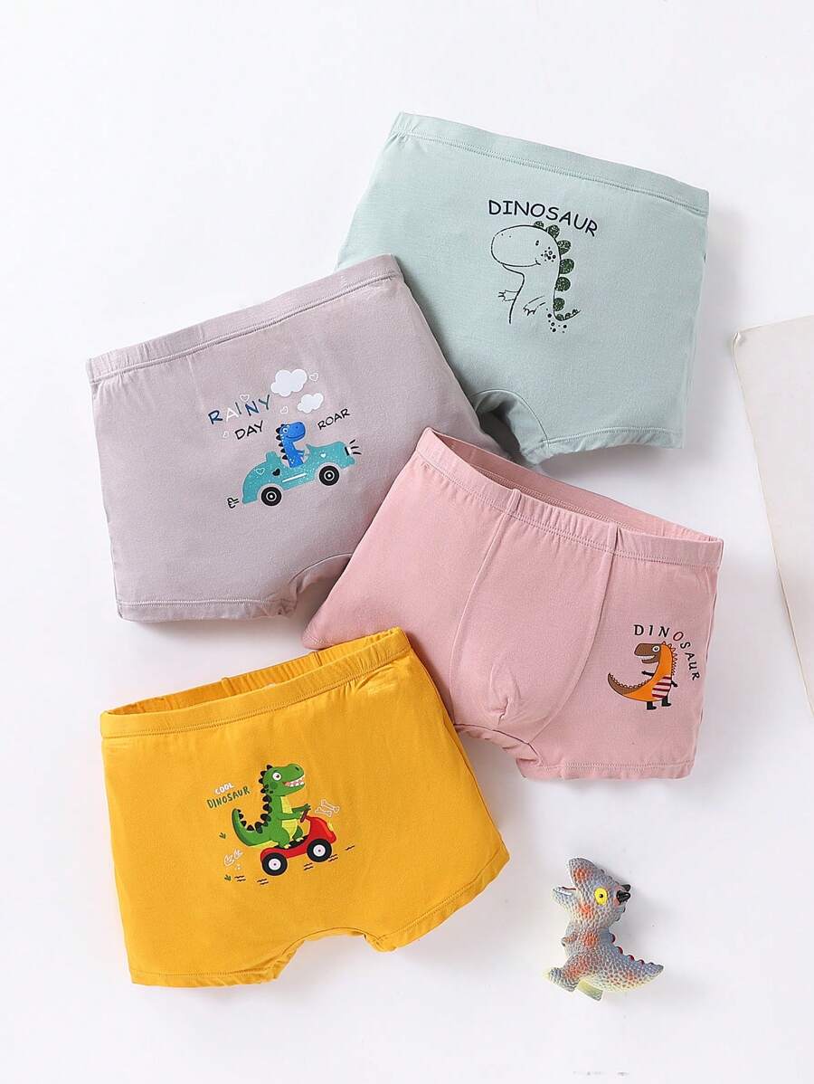 SHEIN 4pcs Cute Dinosaur Pattern Knitted Breathable Boxer Briefs For Boys