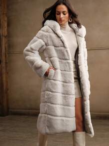 Anewsta 新款秋冬蓬松外套，长款时尚女式仿兔毛夹克 - 杏色 - 查看 4