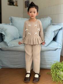 DAZY Young Girl Bow Decor Ruffle Hem Long Sleeve Cardigan And Knitted Pants Set - Khaki - View 3