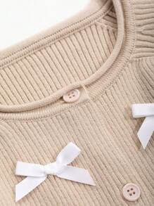 DAZY Young Girl Bow Decor Ruffle Hem Long Sleeve Cardigan And Knitted Pants Set - Khaki - View 6