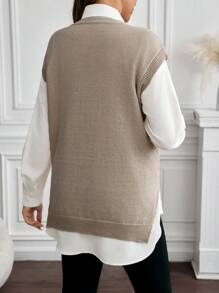 SHEIN Maternity Solid Crew Neck Sleeveless Split Sweater Top - Khaki - View 2