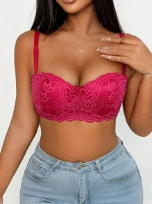 Áo lót ren hoa dây mảnh cho nữ có gọng và nơ trang trí - Màu Hồng Tươi - Xem 3