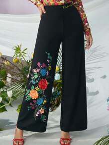 Frida Kahlo X SHEIN Fall And Winter Black Floral Print Artist Straight Leg Pants - Black - View 2