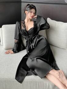 DAZY Sheer Lace Patchwork Charming Long Robe Pajama, Fall - Black - View 6