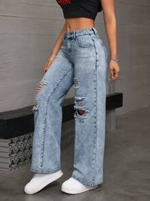 SHEIN EZwear 女士纯色做旧口袋宽松牛仔裤 - 淺色水洗藍 - 查看 5