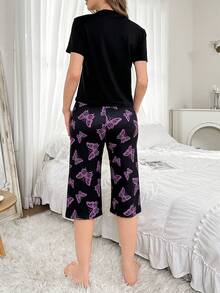 2 pièces/Set Ensemble de pyjama femme avec haut court manches courtes imprimé papillon et pantalon 3/4 - Noir - Voir 2