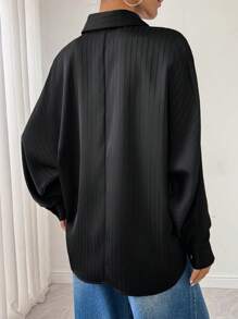 Chiquease Blus Wanita Warna Polos Lengan Kelelawar Kancing Tunggal, Pakaian Musim Semi Musim Gugur untuk Wanita - Hitam - View 3