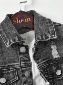SHEIN 2pcs/Set Young Boy Casual Loose Long Sleeve Denim Jacket And Jeans Outfit - Black - View 3