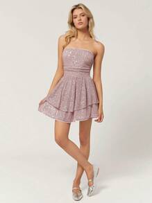 SHEIN EZwear Sukienka damska mini z różowymi cekinami, sukienka na imprezę - Różowy - Zobacz 3