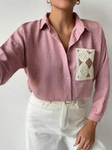 SHEIN PETITE Vacation Casual Crochet Patchwork Long Sleeve Shirt - Multicolor - View 6