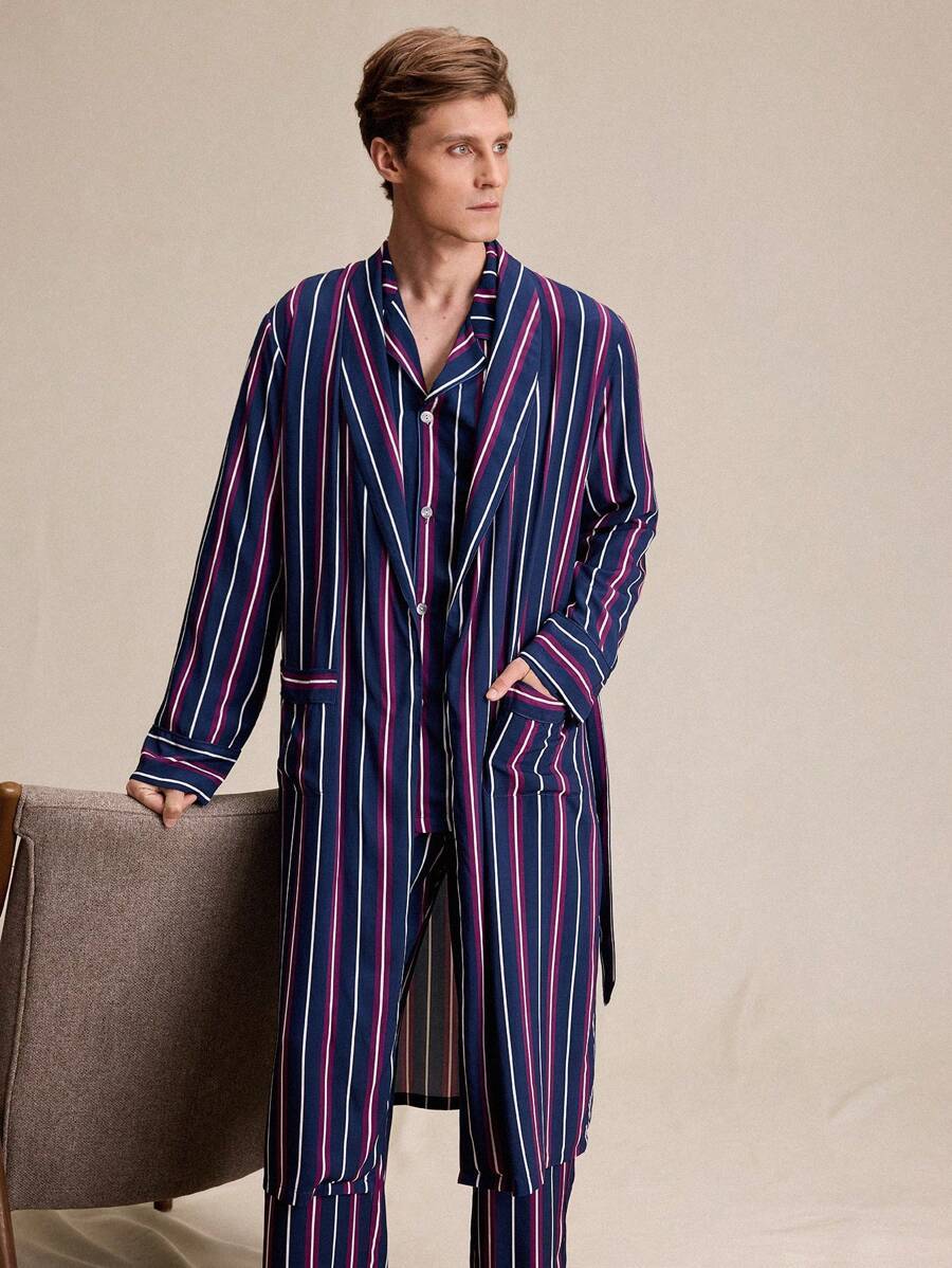 EverLounge Colorful Striped Shawl Collar Long Sleeve Pocket Loose Casual Loungewear Robe For Men - Multicolor - View 1