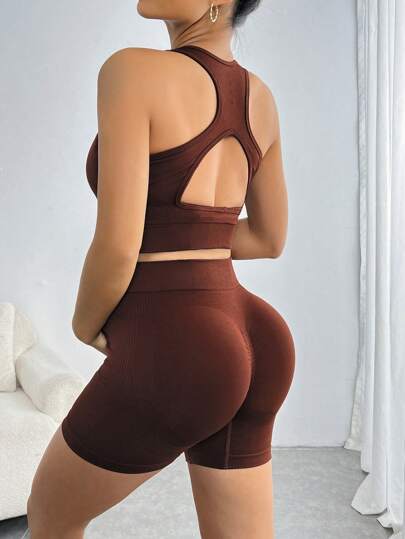 SHEIN 2pcs/Set Maternity Solid Color Backless Racerback Tank Top + Shorts Set