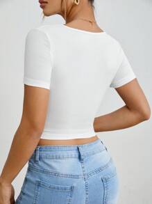 SHEIN PETITE 3pcs/Set Women Summer Casual Square Neck Short Sleeve Slim Fit T-Shirts, Simple Black White Grey Design