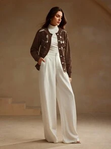 Anewsta 双层手工钩编镂空花卉贴花前扣长袖针织开衫 - 咖啡棕 - 查看 4