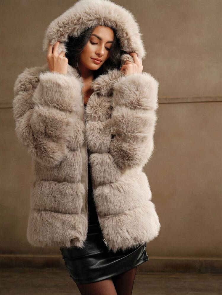 Women's Fashion Faux Fox Fur Trim Long Coats, Autumn/Winter New Arrival High-End Lady Furry Outerwear
