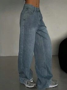 DAZY 女士休闲宽松斜口袋水洗阔腿宽松牛仔裤，秋季 - 藍色 - 查看 6