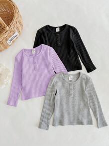 SHEIN 3pcs Baby Girl Casual Cute Versatile Knitted Elastic Solid Color Long Sleeve Tops Set - Multicolor - View 3