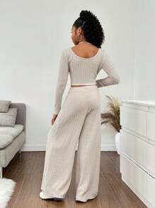 SHEIN Leap Crew Tween Girls' Ribbed Fitted U-Neck Long Sleeve Top & Loose Wide Leg Pants 2-Pc Set - Apricot - View 2