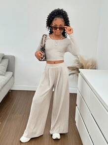 SHEIN Leap Crew Tween Girls' Ribbed Fitted U-Neck Long Sleeve Top & Loose Wide Leg Pants 2-Pc Set - Apricot - View 4
