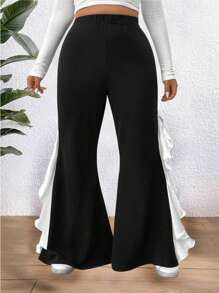 Celure 大码中腰拼布荷叶边下摆宽松阔腿裤，黑白撞色性感女装，冬季 - 黑色 - 查看 3