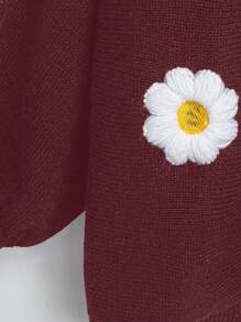 SHEIN LUNE Sweater Rajut Kasual Leher Bulat Bordir Bunga Ukuran Besar untuk Musim Gugur dan Musim Dingin - Burgundy - View 4