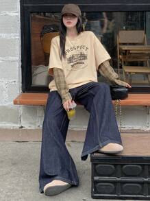 DAZY Women's Loose Round Neck Short Drop Shoulder Casual Slogan Print T-Shirt, Summer,Graphic Tees